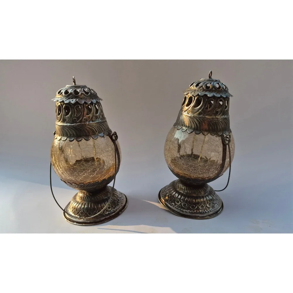 Vintage Silver Tone Crackle Glass Tea Light Lanterns Set of 2 Amber Boho Decor